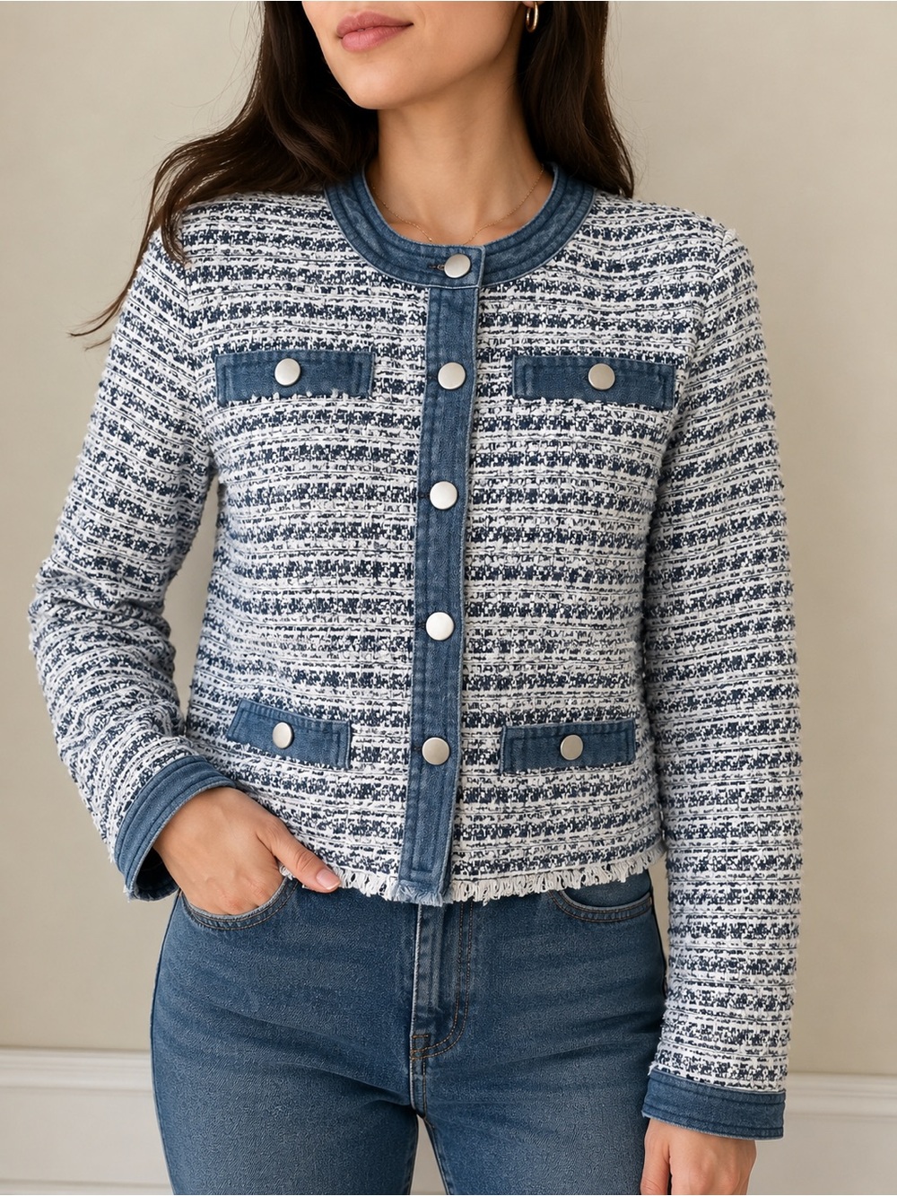 ECRU BLUE AND WHITE TWEED DENIM TRIM JACKET FRAYED HEM Size XS